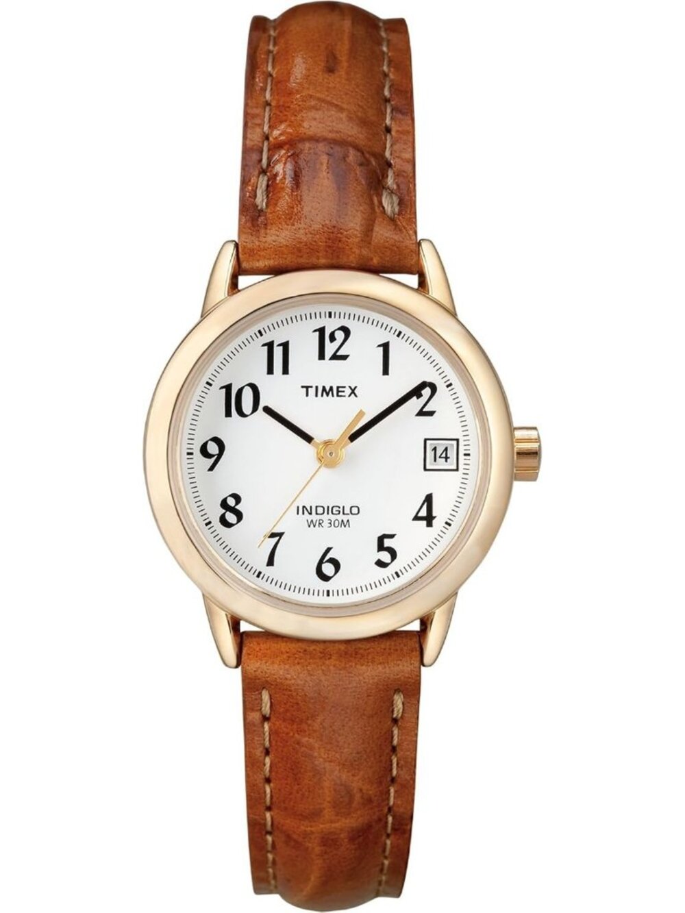 Women's Brown/Gold-Tone/White Easy Reader Natural Leather Strap Wrist Watches